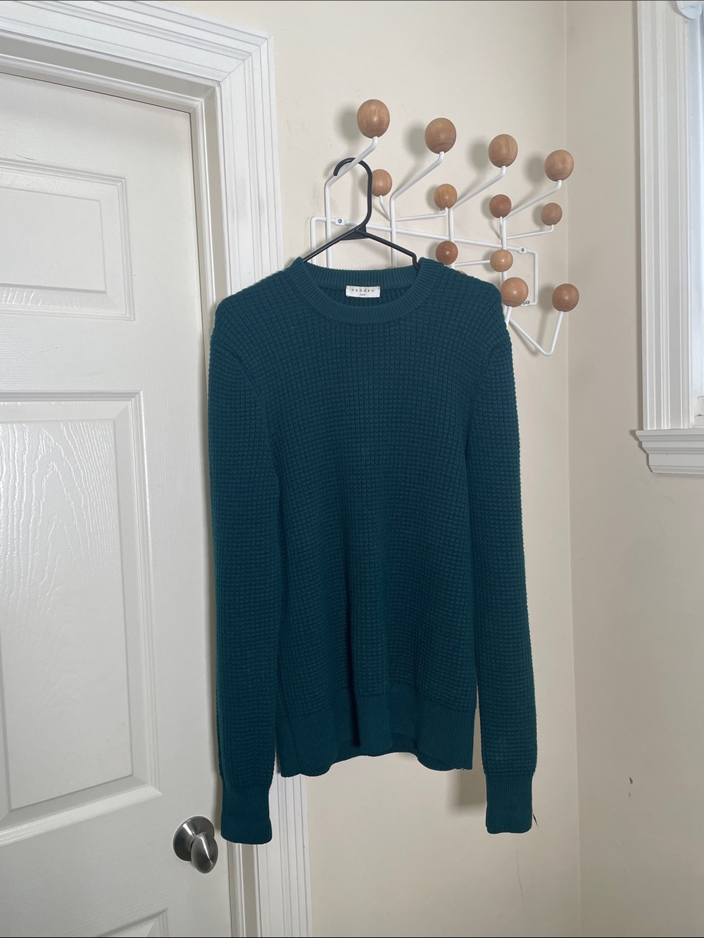 Sandro Wool Blend Knit Waffle Crewneck Sweater - Teal - S